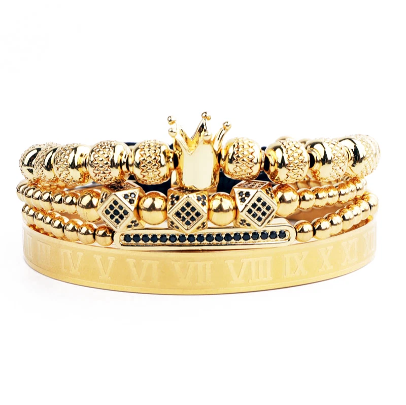 Mens Gold Crown Bracelet 4 Piece Set Stainless Steel Free Shipping UK Seller
