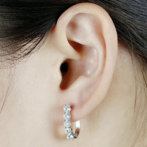 2.50Ct Round Cut Lab Created Diamond Huggie Hoop Earrings 14k White Gold Plated - Picture 3 of 10