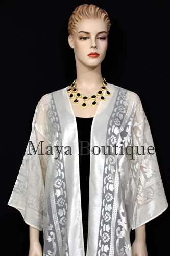 Ivory Long Kimono Jacket Burnout Velvet No Fringe Maya Matazaro - Picture 4 of 10