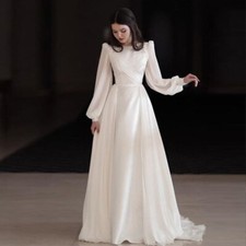 Muslim A-Line Wedding Dresses O-Neck Long Sleeves Satin Draped Pleat Bridal Gown