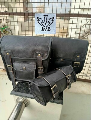 JMB  Real Black Vintage Leather 3 Saddle Bag Motorcycle Panniers Tool Bag JMBTM