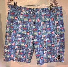 Johnnie-O Swim Shorts Men Size XL Blue Elastic Pockets All Over Pattern