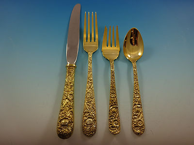 Repousse Gold by Kirk Sterling Silver Flatware Service 12 Set