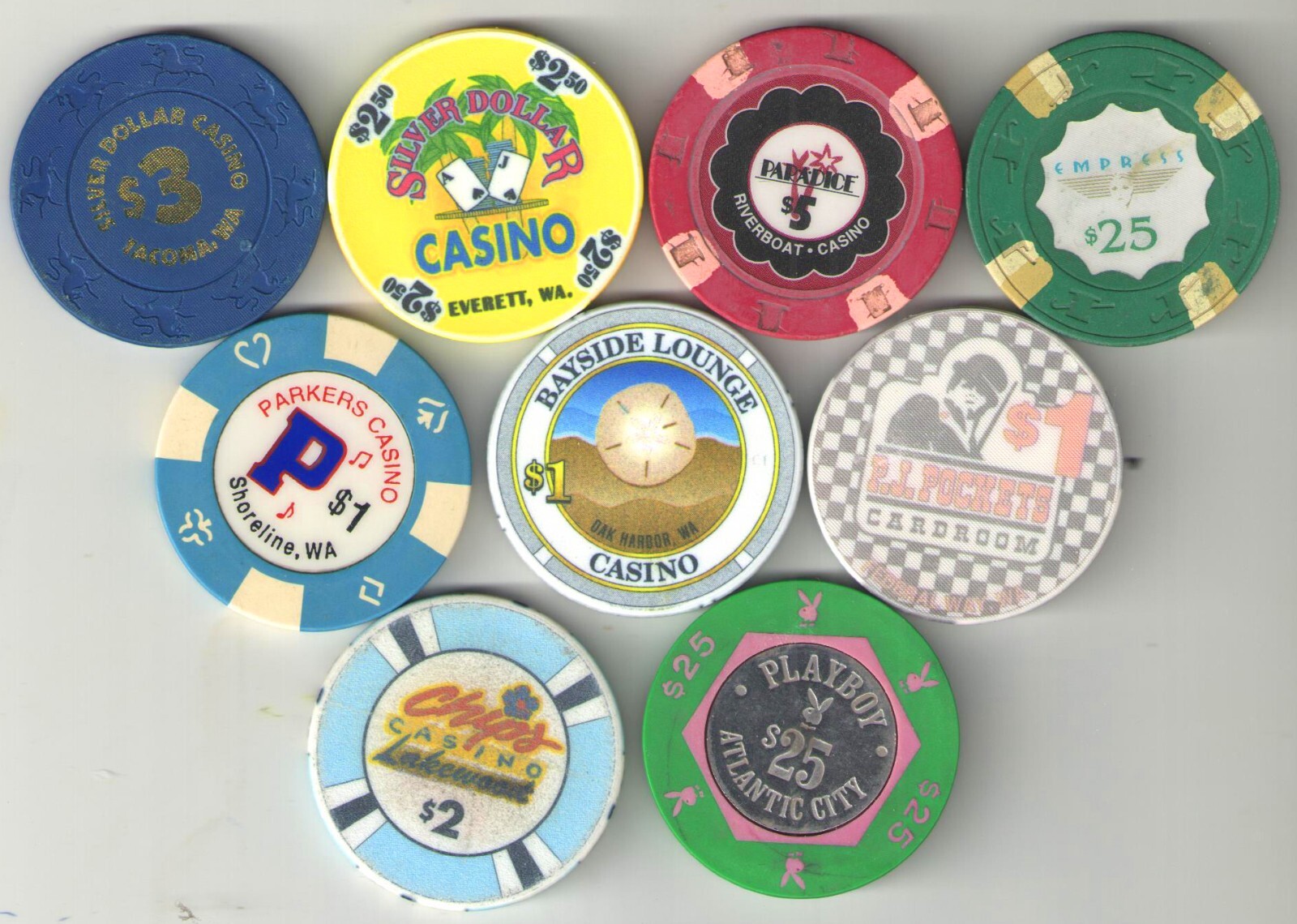 Casino Chip Lot 9 Different Chips Playboy Bayside Silver Dollar