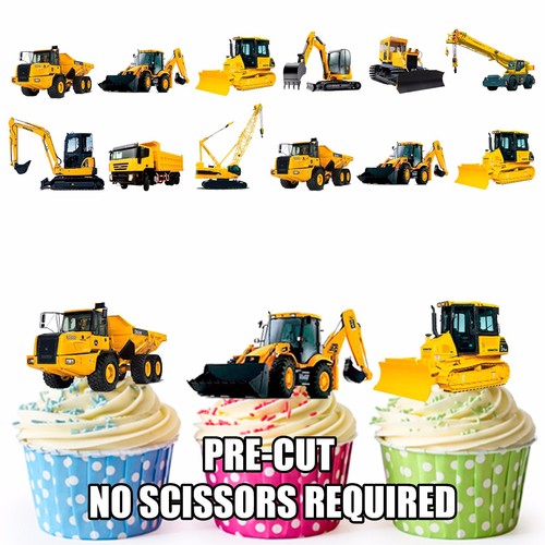 PRECUT JCB Construction Diggers 36 Edible Boys Cupcake Toppers Cake
