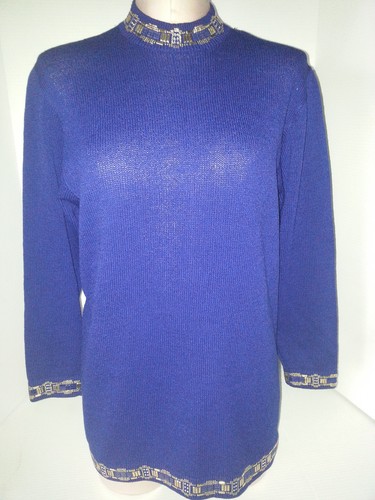 ST. JOHN Evening Womens Zip Back Sweater Blazer Blouse Knit Sz 6 Small Blue Gold - 第 1/12 張圖片