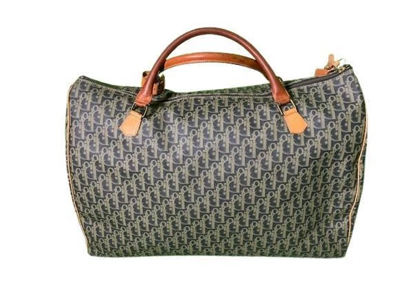 Sac Christian Dior vintage trotteur Boston beige marine PVC cuir doré bon état