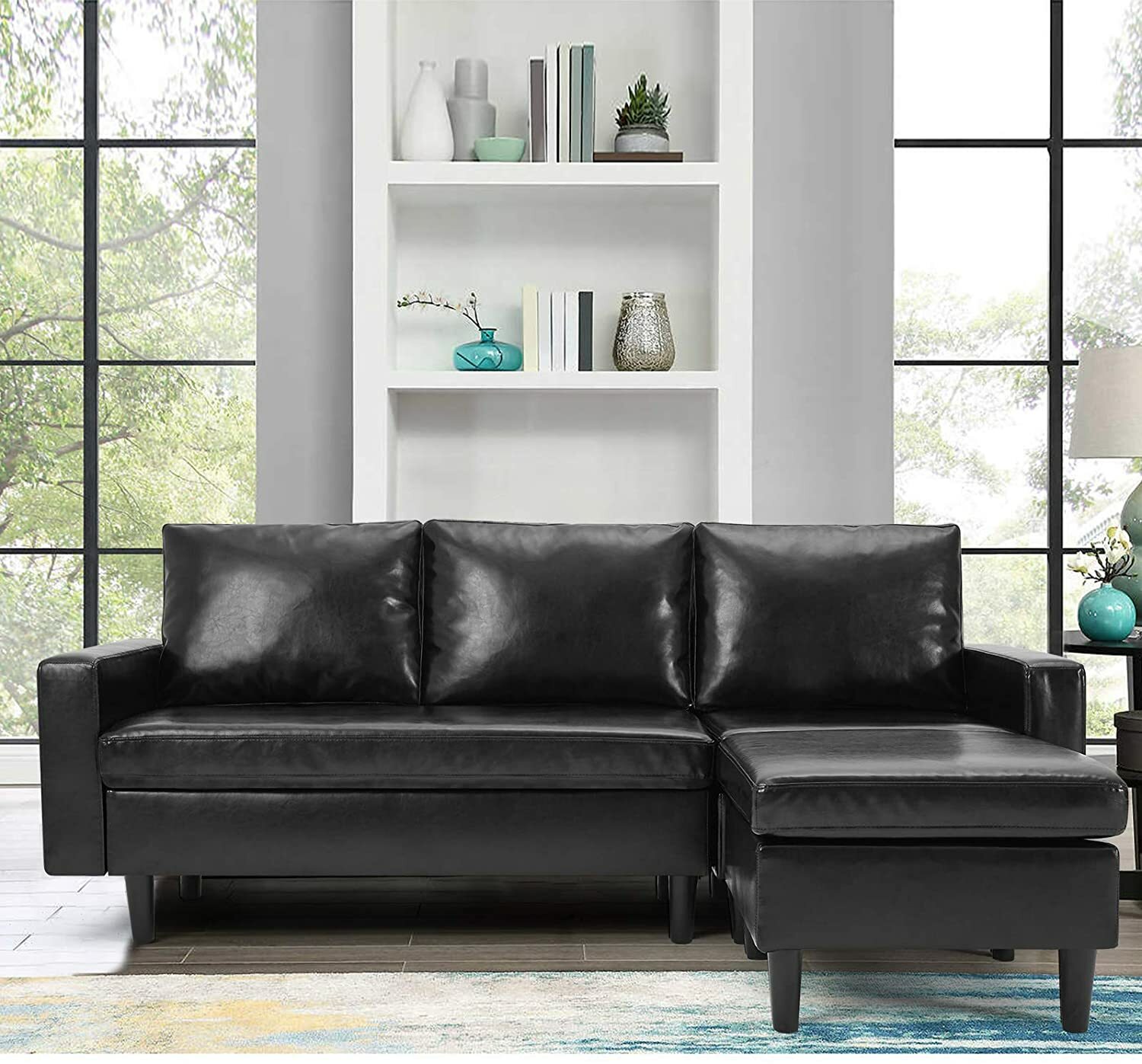 L-Shaped Faux Leather Sofa Set Convertible Living Room Sectional Couch 2 Color