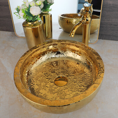 Round Gold Ceramic Bathroom Basin Vessel Sink Mixer Faucet Tap Pop-up Drain Set
