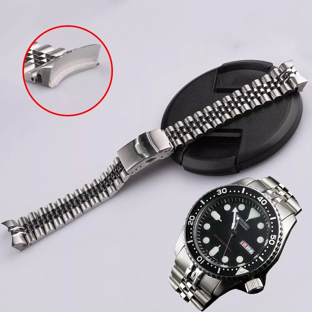 22mm Solid Curved End Links Black Steel Watch Band Bracelet For Seiko SKX  007