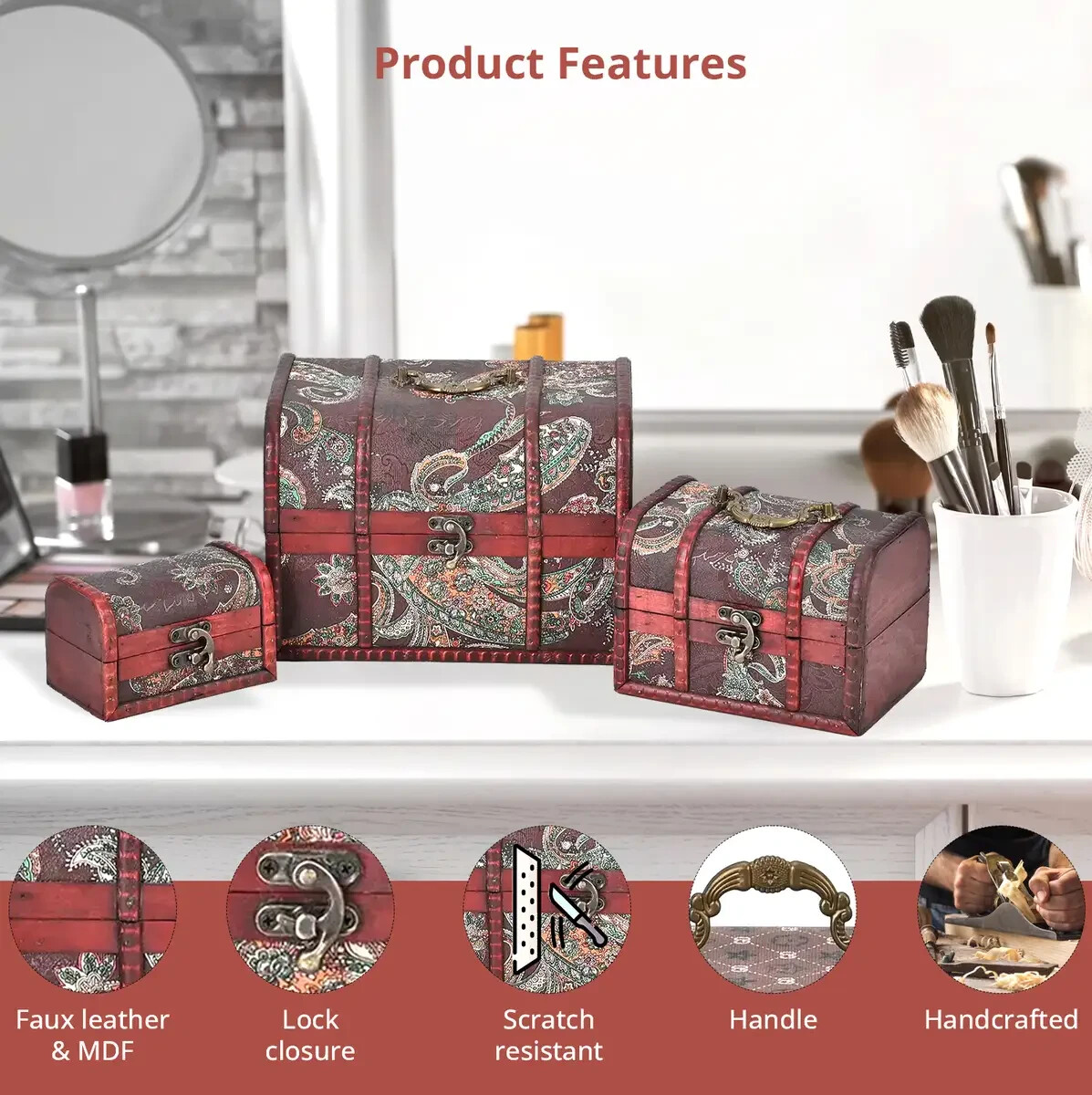 Set of 3 Brown Wooden and Multi Color Paisley Pattern Faux Leather Nesting Treas