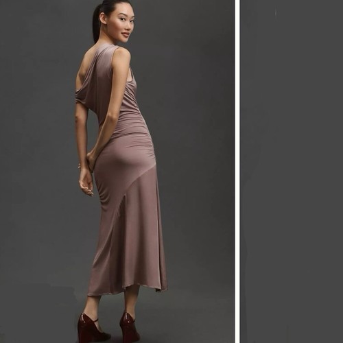 By Anthropologie Asymmetrical Slim Midi Dress- Taupe Purple- Womens SZ Small - Picture 2 of 23