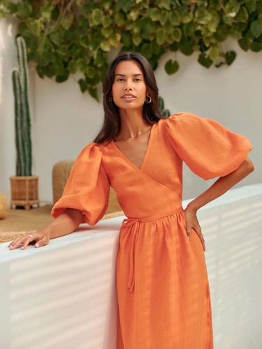 Summer Women Ladies Pure Cotton Lace-up Short Bubble Sleeve V Neck Long Dress - Picture 54 of 61