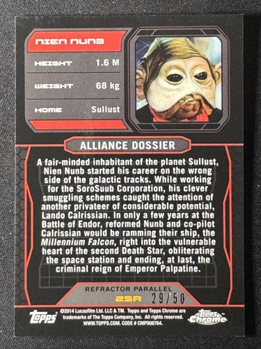 NIEN NUNB 2014 Topps STAR WARS Chrome Perspectives OR /50 réfracteur 25R rare - Photo 2 sur 2