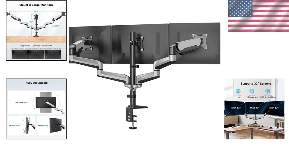 Triple Monitor Mount - Curved & Flat Screen Compatible - Image 2 of 4