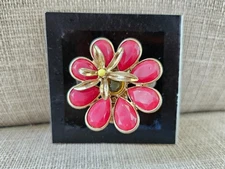 Flower Shape Ring Big Face Statement Pink Beads Gold Tone Fashion Jewelry Adjust