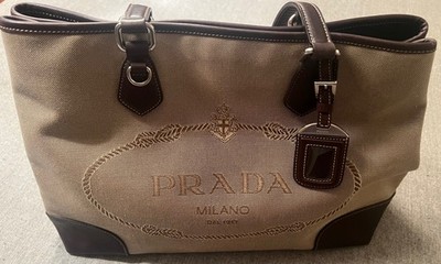 Prada Tote Bag Canvas Leather Beige Brown Silver Hardware Logo Shoulder Purse