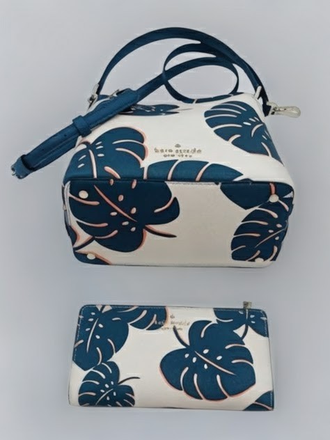 NEW Kate Spade 2pc SET Small Bucket bag & Bifold Wallet Monstera green Leaves thumbnail 7
