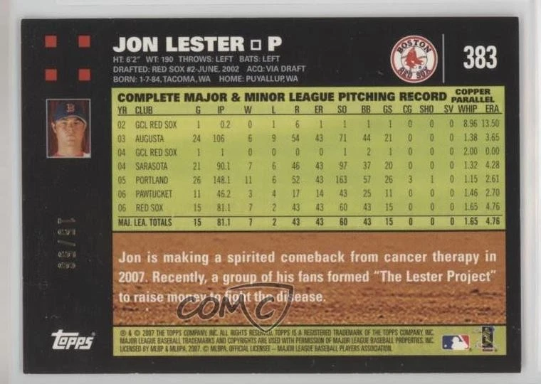2007 Topps Copper /56 Jon Lester #383 - Image 2 of 2