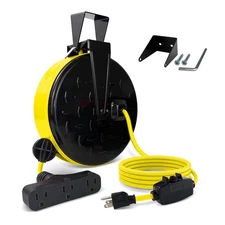 30 Ft Retractable Extension Cord Reel, 16/3 SJTW Power Cord with 3 Electrical...