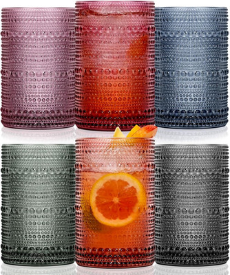Colored Hobnail Drinking Glasses Set of 6, 12Oz Vintage Kitchen Glassware, Embos