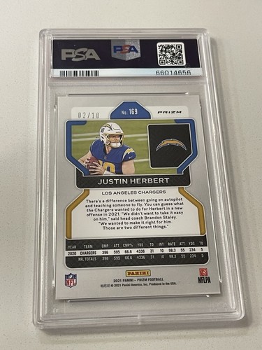 2021 JUSTIN HERBERT PANINI PRIZM GOLD SHIMMER FOTL. 2/10 PSA GEM MT 10 POP 1๐ฅ๐ฅ - Picture 2 of 2