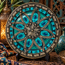 Moroccan Fez Hand Painted Ceramic Silver Nickel Tone Filigree Wall Plate 10"