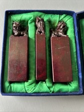 Vintage Set of 3 Chinese Foo Dog Carved Soapstone Chop Seals in Original Box
