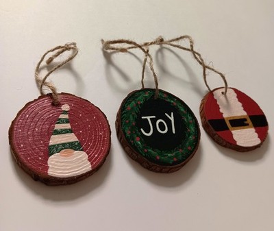 Christmas Ornaments Lot Of 3 Handpainted Wood Slice- Gnome, Joy, Santa