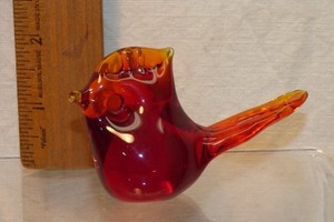 Signed BOSSE Art Glass CARDINAL Bird Figurine Amberina Red w/ Sweden Paper Label