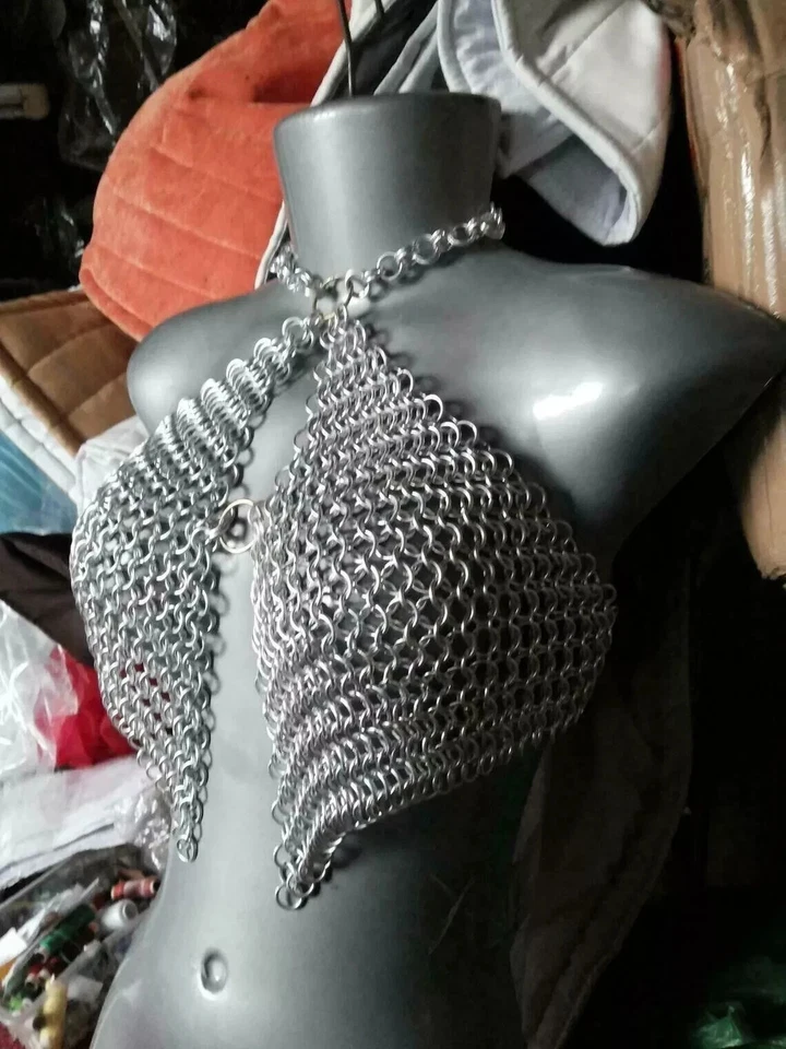 New Handmade Aluminum Silver Metal Chain mail Bikini Set Bra Skirt Cosplay - Image 2 of 2