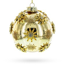 Jeweled Snowflakes Adorning a Golden Glossy Blown Glass Ball Ornament