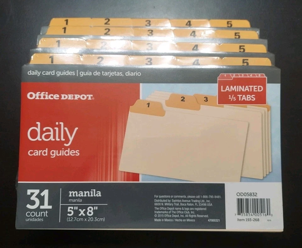 Lote de 4 paquetes 31 unidades Office Depot guías diarias de tarjetas pestañas laminadas de 5x8 pulgadas Foto 2 de 4