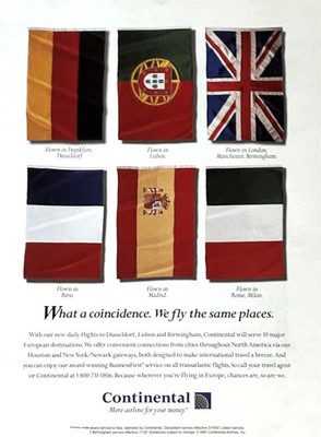 1997 CONTINENTAL AIRLINES What a Coincidence! We Fly to The Same Places PRINT AD