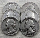 Lot of 6 1950's Washington Quarters : PD&S Mints -90% Silver Junk Silver .9 Fine