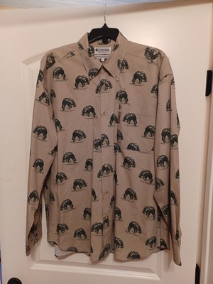 Columbia Shirt Men's Large Beige Bears Button Down Long Sleeve Hunting