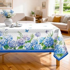 Blue Hydrangea Polyester Tablecloth 55x70 Washable Water Resistant 12 oz