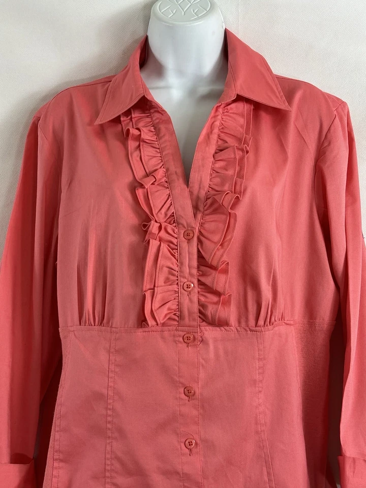 Larry Levine 签名 XL 码珊瑚荷叶边修身纽扣衬衫 3/4 袖 — 第 4/4 张图片