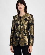 Kasper Black Gold Metallic Jacquard Collarless Jacket Petite Size 12P 159