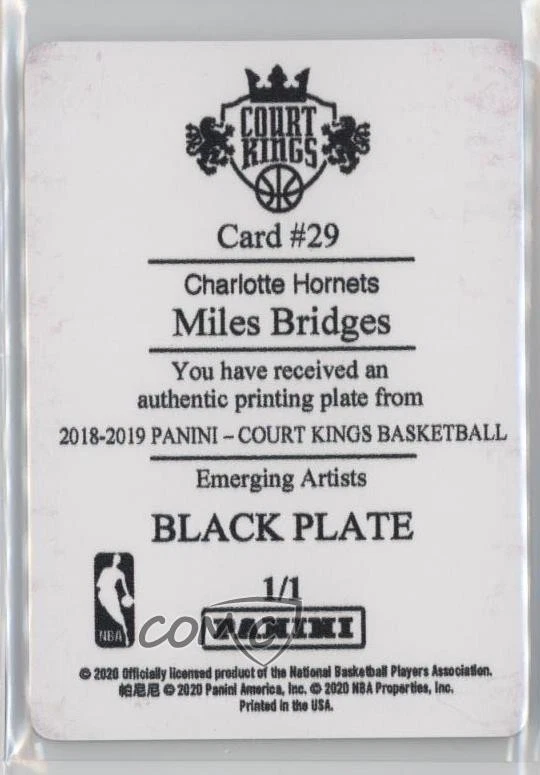 2018-19 Panini Court Kings Printing Plate Black 1/1 Miles Bridges Rookie RC 17a5 - Image 2 of 3