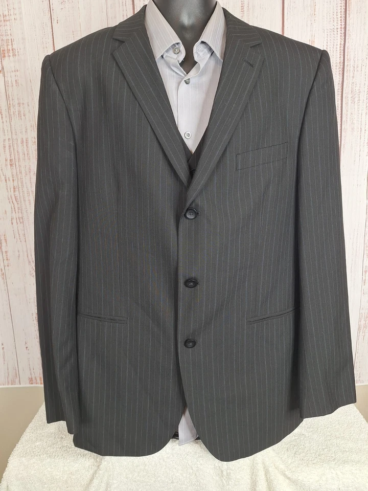 J Ferrar 3 Piece Suit Mens 44L 34X32 Black Stripe 3 Button Single Vented - Image 2 of 4
