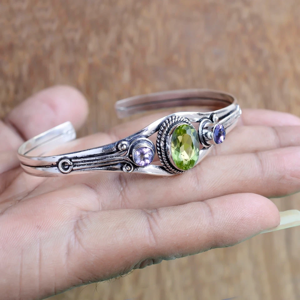 Peridot Cut, Amethyst Gemstone Bracelet 925 Sterling Silver Handmade Man's Cuff - Image 3 of 4