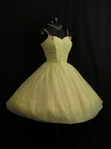 Vintage 1950's 50s Lemon Yellow CHIFFON Organza Party Prom DRESS Medium Size