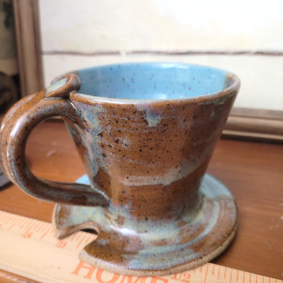 Handmade Art Pottery Coffee Pour Over Drip Glaze Blue Teal Brown Artist Signed
