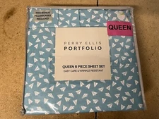 Perry Ellis Portfolio 6 Pc Queen Sheet Set Blue Paper Airplane Origami C34