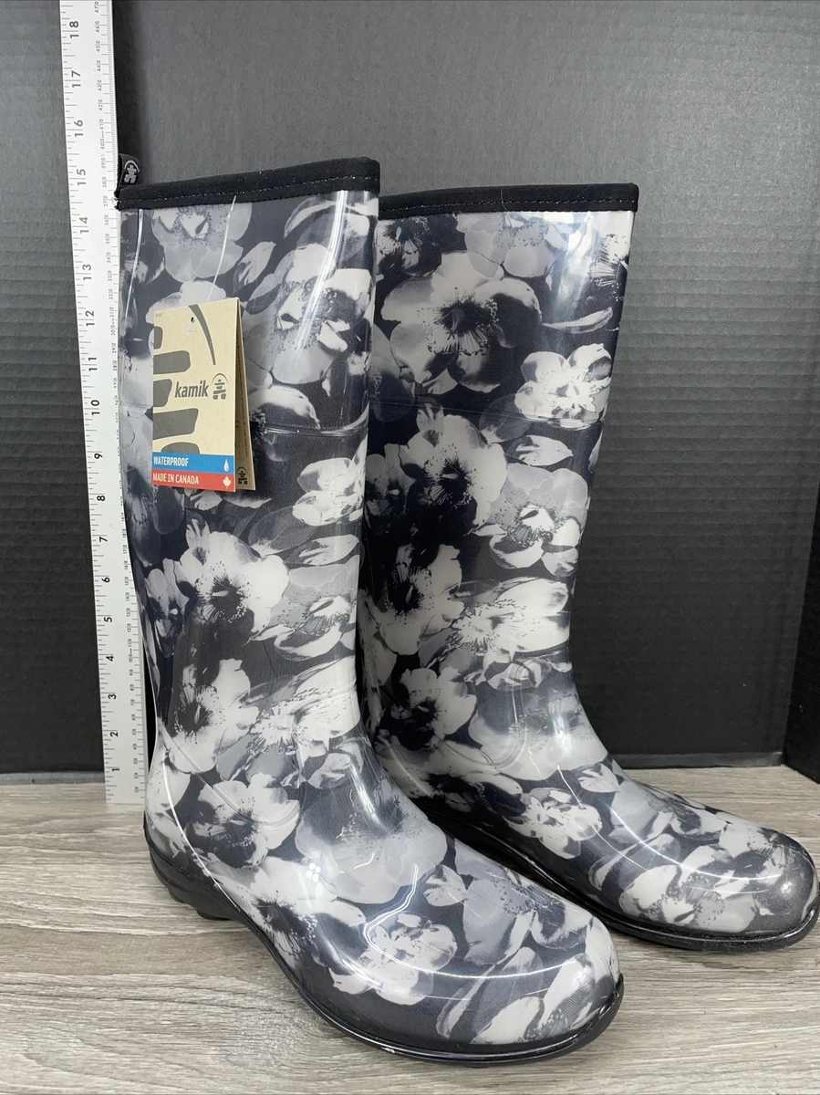 Kamik Womens Black Floral Poppies Rubber Waterproof Tall Rain Boots Sz 10 NEW