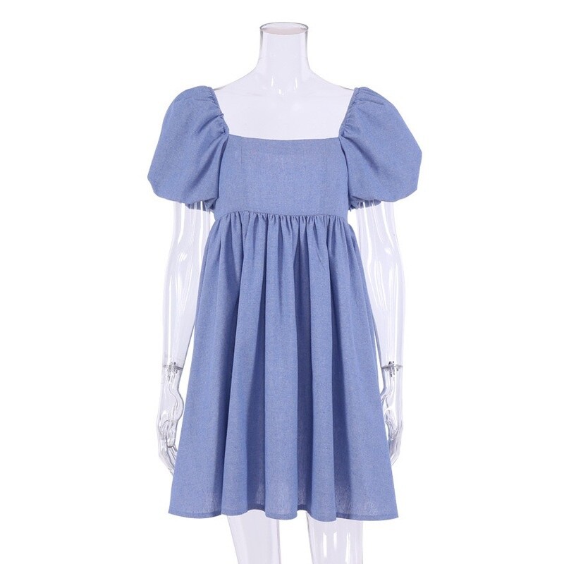 Women Cotton Linen Babydoll Dress Mini Puff Sleeve Swing