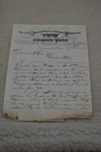  Pool/Billiard/Table/Brunswick J M Brunswick Letterhead 1876 Rare!!!    
