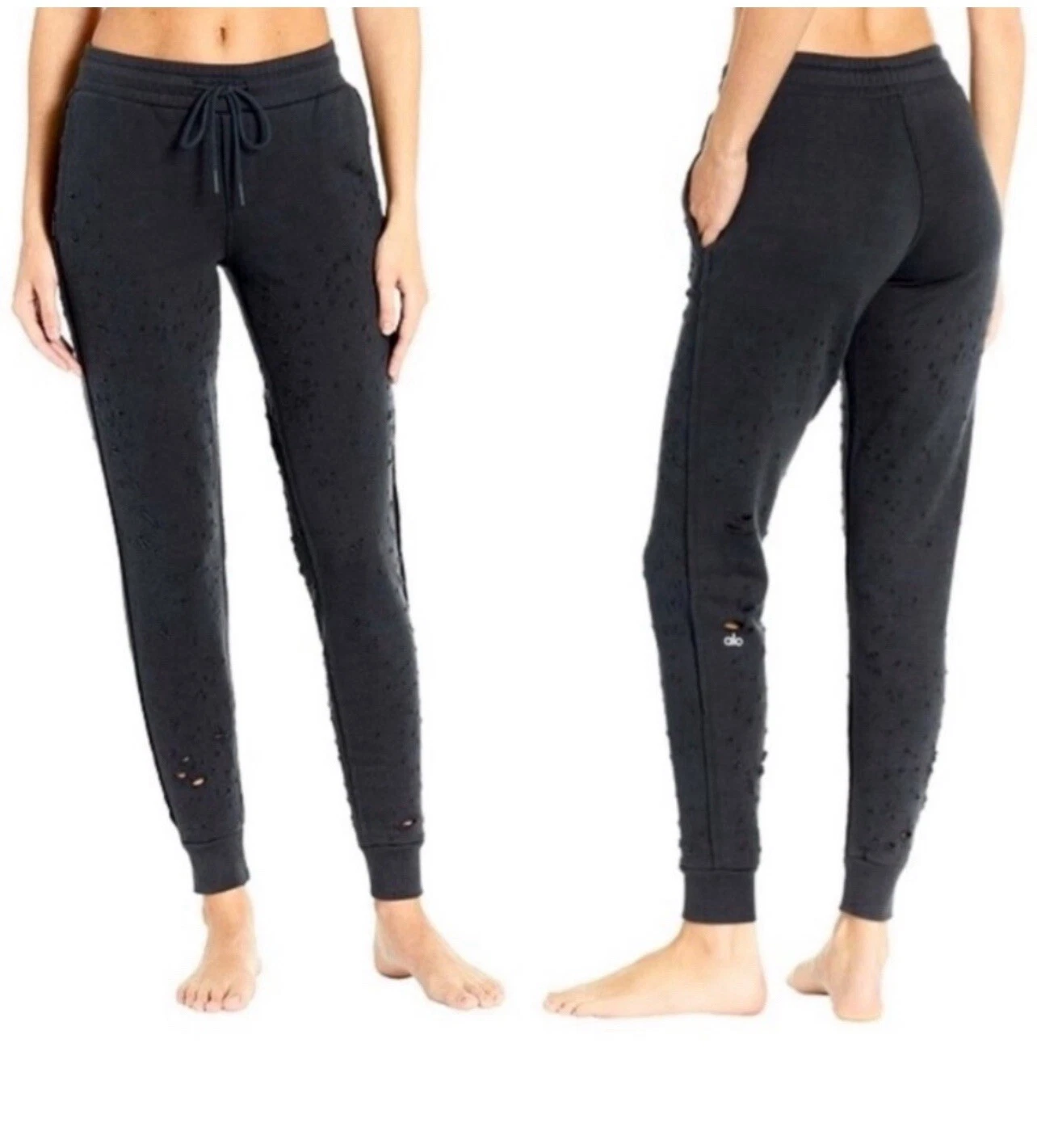 alo-yoga fierce pull on jogger drawstring distressed knit sweatpants