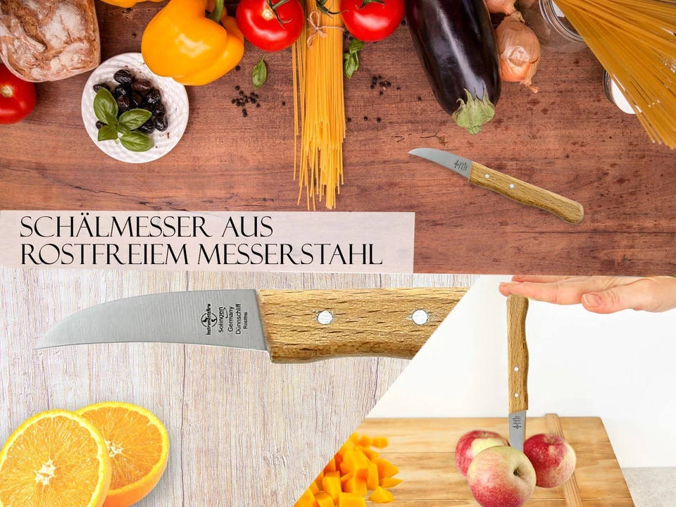 Gemüsemesser Solingen Set Obstmesser Küchenmesser Gebogen Gerade Holz Buche NEU - Bild 3 von 4